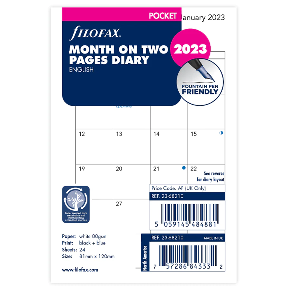 Filofax 2022 Pocket Month on Two Pages English Organiser Diary Refill 68210 