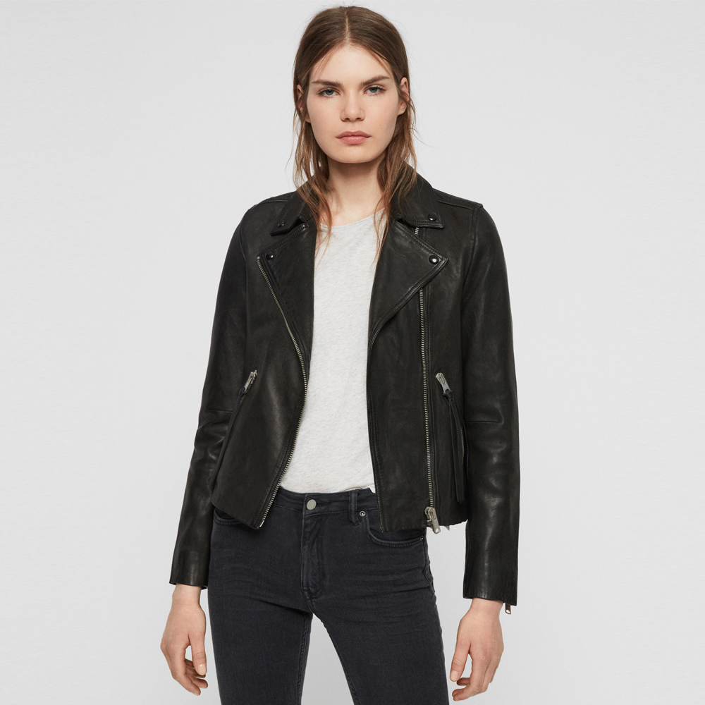 AllSaints Dalby Black Leather Biker Jacket - SIZE 8, BLACK 8 female