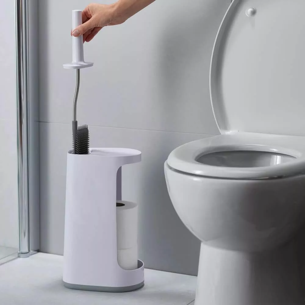 Joseph Joseph Bathroom EasyStore Standing Toilet Paper Holder & Joseph Bathroom Flex Plus Smart Toilet Brush with Storage Bay White/Grey 