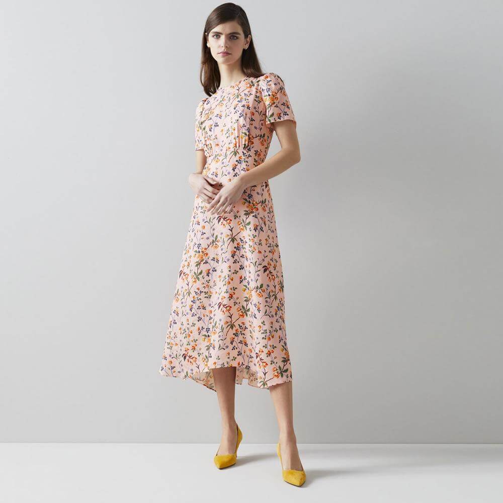 L.K. Bennett Boyd Pink Silk Apple Blossom Print Dress | Jarrold, Norwich