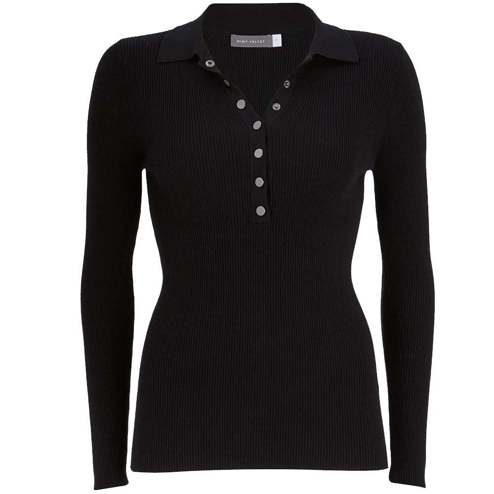 Mint Velvet Black Rib Knit Polo Shirt Top | Jarrold, Norwich